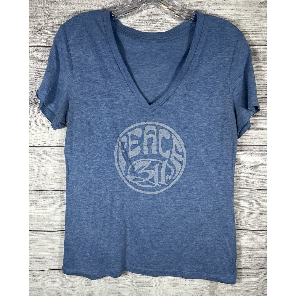 Peace 311 Women's Blue Graphic V-Neck T-Shirt Small Relaxed Fit